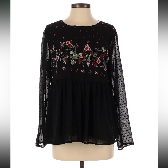 Jasmine & Juliana Size Small Black Blouse with Floral Embroidery - Picture 1 of 7